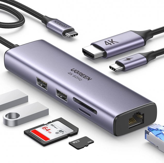 USB-хаб UGREEN CM512 USB Type-C to 2xUSB3.0+HDMI+RJ45+SD&TF +PD Port Conve