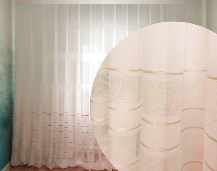 Тюль Декор-Ін Льон Скарлайн з мережкою та атласною смугою Молочний з бежев